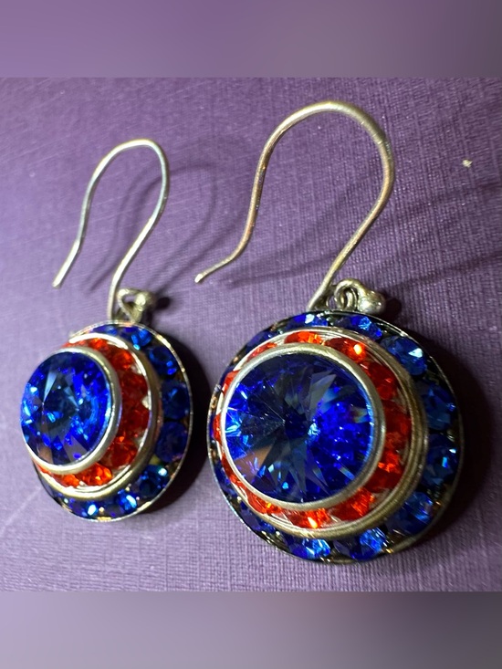 Anne Koplik Jewelry - Anne Koplik Americana crystal halo dangle earrings with red and blue stones.